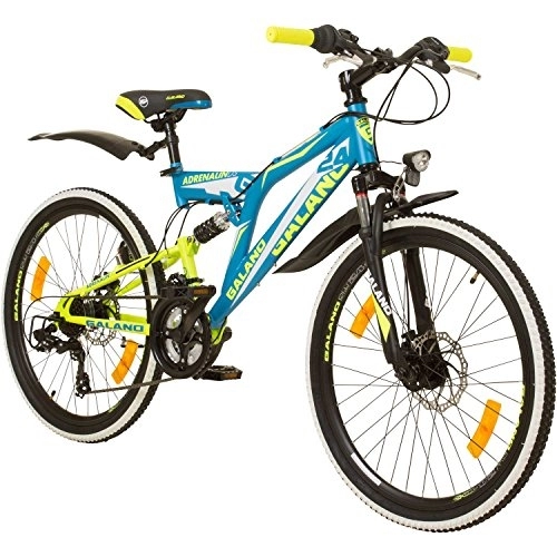 Mountainbike : Galano Adrenalin DS MTB Fahrrad ab 135 cm für Mädchen und Jungen mit 21 Gängen StVO Beleuchtung 24 Zoll Mountainbike Fully Jugendfahrrad Kinderfahrrad (Blau / Grün)