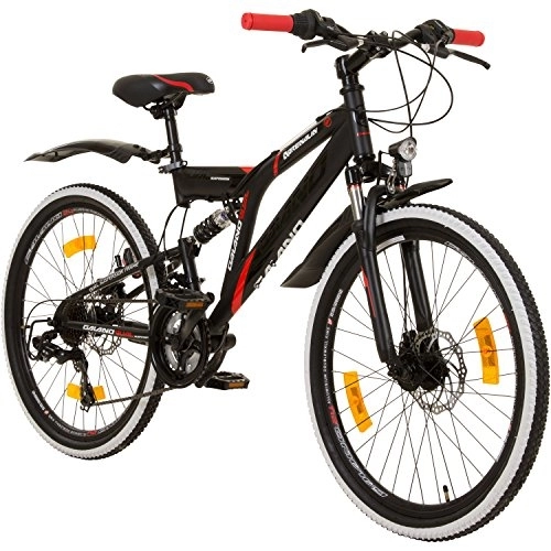 Mountainbike : Galano Adrenalin DS MTB Fahrrad ab 135 cm für Mädchen und Jungen mit 21 Gängen StVO Beleuchtung 24 Zoll Mountainbike Fully Jugendfahrrad Kinderfahrrad (schwarz / rot)