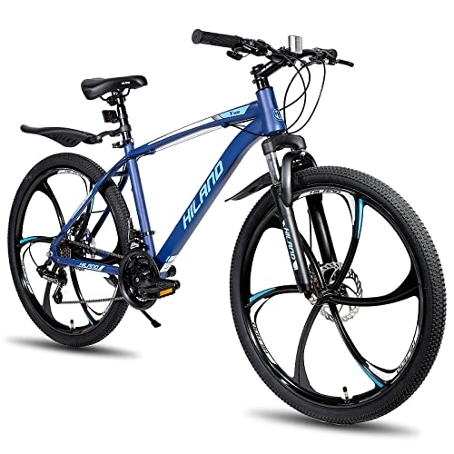 Mountainbike : HILAND 26 Zoll Mountainbike MTB Fahrrad mit Stahlrahmen 21-Gang Scheibenbremse Federgabel 6-Speichen-Räder Trekkingrad Cityrad blau Jungs Herren Jugendliche Damen