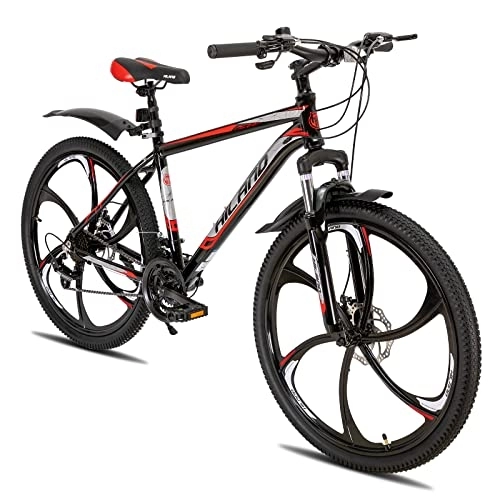 Mountainbike : Hiland 26 Zoll Mountainbike MTB mit Aluminiumrahmen Scheibenbremse Federgabel 6 Speichenräder für Jugendliche Fahrrad Herren Damen Jungen Mädchen Schwarz Rot