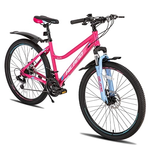 Mountainbike : HILAND Mountainbike 26 Zoll MTB vorne Federung mit 21 Gänge Schaltung Stahlrahmen Scheibenbremse Schutzblechen rosa für Damen Frauenfahrrad