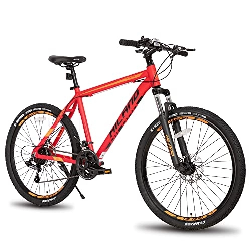 Mountainbike : HILAND Mountainbike MTB mit 26 Zoll Speichenrädern Aluminiumrahmen 21 Gang Schaltung Scheibenbremse Federgabel rot