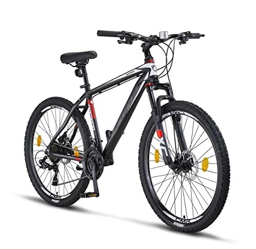 Mountainbike : Licorne Bike Diamond Premium Mountainbike Aluminium, Fahrrad für Jungen, Mädchen, Herren und Damen - 21 Gang-Schaltung - Scheibenbremse Herrenrad – einstellbare Vordergabel (26, Schwarz)