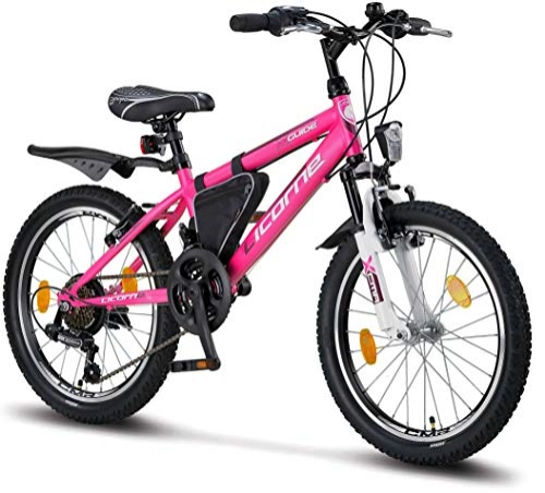 Mountainbike : Licorne Bike Guide Premium Mountainbike in 20 Zoll - Fahrrad für Mädchen, Jungen, Herren und Damen - Shimano 21 Gang-Schaltung - Rosa / Weiß