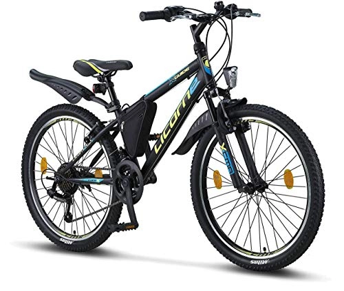 Mountainbike : Licorne Bike Guide Premium Mountainbike in 24 Zoll - Fahrrad für Mädchen, Jungen, Herren und Damen - Shimano 21 Gang-Schaltung - Schwarz / Blau / Lime