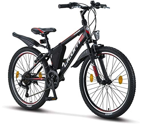 Mountainbike : Licorne Bike Guide Premium Mountainbike in 24 Zoll - Fahrrad für Mädchen, Jungen, Herren und Damen - Shimano 21 Gang-Schaltung - Schwarz / Rot / Grau