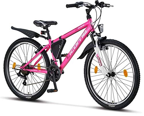 Mountainbike : Licorne Bike Guide Premium Mountainbike in 26 Zoll - Fahrrad für Mädchen, Jungen, Herren und Damen - Shimano 21 Gang-Schaltung - Rosa / Weiß