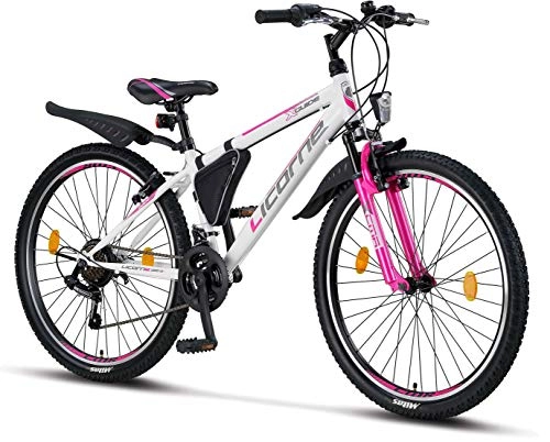 Mountainbike : Licorne Bike Guide Premium Mountainbike in 26 Zoll - Fahrrad für Mädchen, Jungen, Herren und Damen - Shimano 21 Gang-Schaltung - Weiß / Rosa