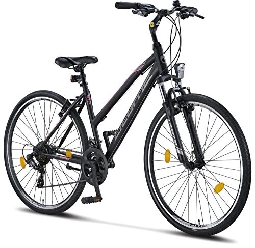 Mountainbike : Licorne Bike Premium Trekking Bike in 28 Zoll - Fahrrad für Jungen, Mädchen, Damen und Herren - Shimano 21 Gang-Schaltung - Mountainbike - Crossbike - Life-L-V - Schwarz / Rosa