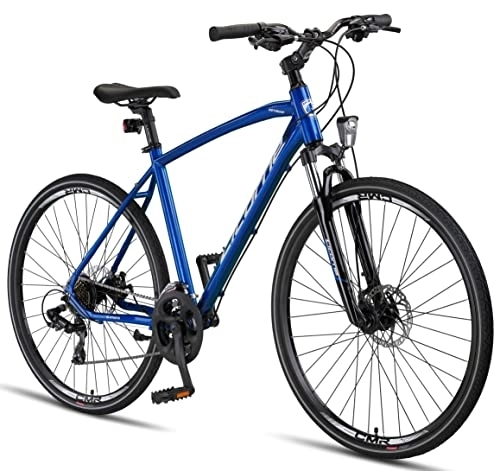 Mountainbike : Licorne Bike Premium Voyager Trekking Bike in 28 Zoll - Fahrrad für Jungen, Mädchen, Damen und Herren - 21 Gang-Schaltung - Mountainbike - Crossbike (Herren, Navy Blau)