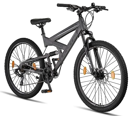 Mountainbike : Licorne Bike Strong 2D Premium Mountainbike in 26, 27.5 und 29 Zoll Fahrrad für Jungen Mädchen Damen und Herren Scheibenbremse vorne und hinten 21 Gang Schaltung Vollfederung (27.5 Zoll, Anthrazit)