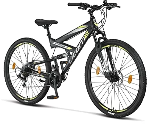 Mountainbike : Licorne Bike Strong 2D Premium Mountainbike in 29 Zoll - Fahrrad für Jungen, Mädchen, Damen und Herren - Scheibenbremse vorne und hinten - 21 Gang-Schaltung - Vollfederung (Schwarz / Lime, 29.00)