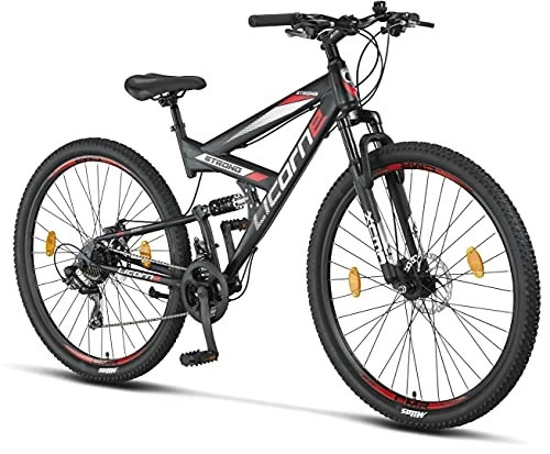 Mountainbike : LICORNE BIKE Strong 2D Premium Mountainbike in 29 Zoll - Fahrrad für Jungen, Mädchen, Damen und Herren - Scheibenbremse vorne und hinten - 21 Gang-Schaltung - Vollfederung (Schwarz / Rot, 29.00)