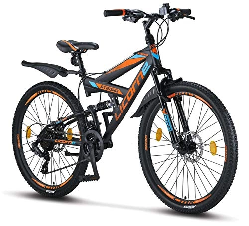 Mountainbike : Licorne Bike Strong D Premium Mountainbike in 26 Zoll - Fahrrad für Jungen, Mädchen, Damen und Herren - Scheibenbremse vorne und hinten-Shimano 21 Gang-Schaltung-Vollfederung-Schwarz / Blau / Orange
