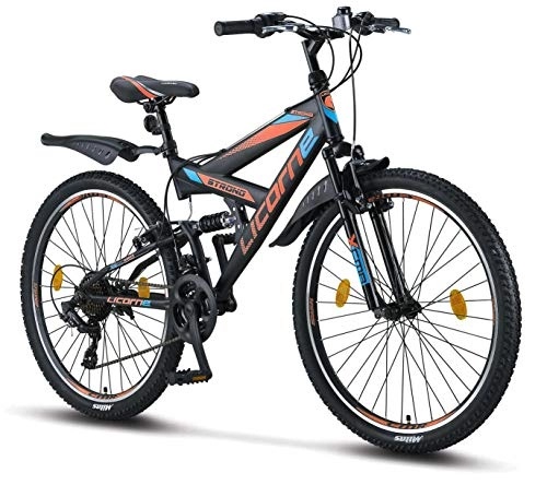 Mountainbike : Licorne Bike Strong V Premium Mountainbike in 26 Zoll - Fahrrad für Jungen, Mädchen, Damen und Herren - Shimano 21 Gang-Schaltung - Vollfederung - Schwarz / Blau / Orange