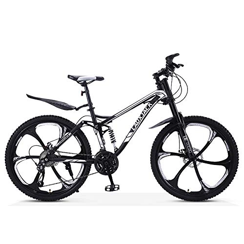 Mountainbike : NENGGE 26 Zoll Mountainbike MTB, Erwachsenen Jugend Fahrräder MTB, Zwei Scheibenbremsen Vollfederung Mountain Bike, Rahmen aus Kohlenstoffstahl, Black 6 Spoke, 21 Speed