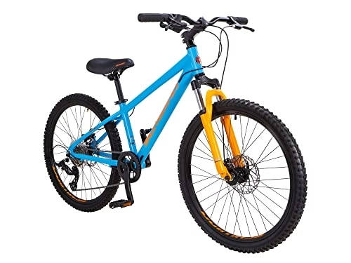 Mountainbike : Schwinn Fleet Mountainbike für Jungen, 24-Zoll-Reifen, 12-Zoll-Rahmen aus Leichtmetalllegierung, Gabelfederung, 9 Gänge, Scheibenbremsen, Orange / Blau