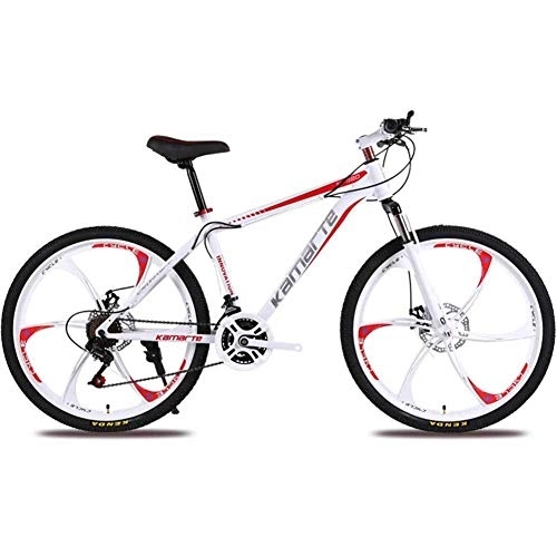 Mountainbike : WEHOLY Fahrrad-Mountainbike, 26-Zoll-Sechs-Messer-Rad Unisex-Offroad-Dämpfung aus kohlenstoffhaltigem Stahl mit doppelter Federung, Mountainbike-Scheibenbremsen, rot, 24-Gang