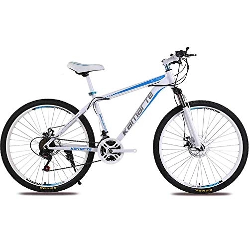 Mountainbike : WEHOLY Fahrrad-Mountainbike, 26-Zoll-Speichenrad Unisex-Offroad-Dämpfung aus kohlenstoffhaltigem Stahl mit doppelter Federung Mountainbike-Scheibenbremsen, blau, 21-Fach