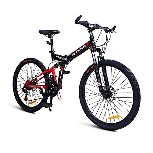 Zusammenklappbare Mountainbike : AEDWQ 24 Geschwindigkeit Folding Mountain Bike, High Carbon Stahlrahmen, Doppel Federung Doppelscheibenbremse Bike, 26 Zoll Speichen MTB Reifen, Schwarz, Rot / Schwarz Blau (Color : Black red)