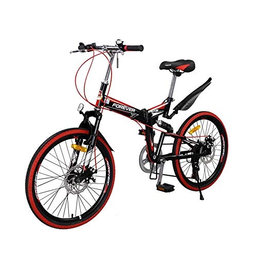 Zusammenklappbare Mountainbike : AEDWQ 7-Gang-Folding Mountainbike, 22-Zoll-High-Carbon Stahlrahmen, Doppelaufhebung Doppelscheibenbremse Fahrrad, MTB Reifen, Schwarz, Rot,