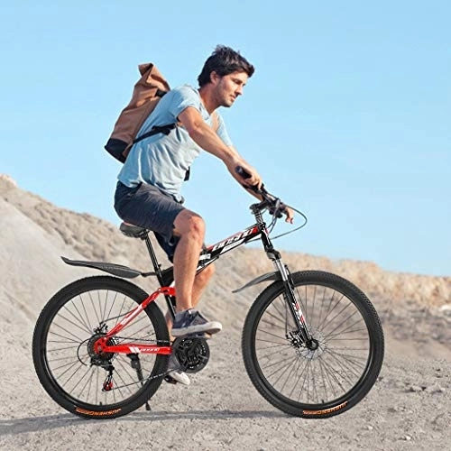 Zusammenklappbare Mountainbike : AGrAdi Rennrad für Erwachsene, 26-Zoll-Mountainbike, 21-Gang-Mountainbike mit Rahmen aus Kohlenstoffstahl, Doppelscheibenbremsen, Vollfederung, rutschfest, stoßdämpfend, für Männer und Frauen (rot)