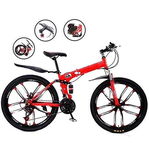 Zusammenklappbare Mountainbike : All-Purpose 27-Gang-City-Faltrad, kompaktes Mountainbike mit verstellbarem Sitz, langlebiges Tretauto mit hohem Carbon-Rahmen für das Training auf Reisen, Rot, C