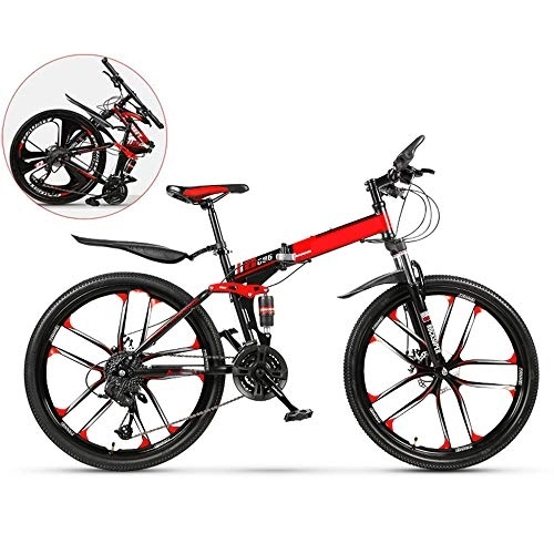 Zusammenklappbare Mountainbike : All-Purpose Unisex, 26 Zoll Boy Mountainbike, 10 Messer Einrad Faltbares Fahrrad aus kohlenstoffhaltigem Stahl, Doppelstoßdämpfer mit Variabler Geschwindigkeit, Rot, 24 Speed