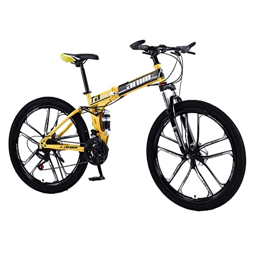 Zusammenklappbare Mountainbike : AZXV Erwachsene Falten Mountainbike Full Suspension Hochkohlenstoffstahl MTB-Fahrrad, mechanische Dualscheibenbremse, 21 / 24 / 27 / 30 Geschwindigkeit optional, 10-Speichen 26 Black yellow-27