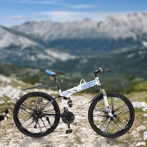 Zusammenklappbare Mountainbike : CuCummoo Mountainbike 26 Zoll Faltrad mit Doppeltem Stoßdämpfungsrahmen - Scheibenbremsen-Fahrräder, vollgefederte Fahrräder, perfekt für Männer und Frauen für 160cm bis 170cm Blau + Weiß