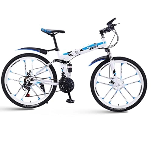 Zusammenklappbare Mountainbike : KDHX Mountainbike mit 26-Zoll-Rädern, 30-Gang-Faltrad, Rahmen aus Kohlenstoffstahl, weicher Heckrahmen, Scheibenbremssystem für Erwachsene und Jugendliche (Color : White Blue)