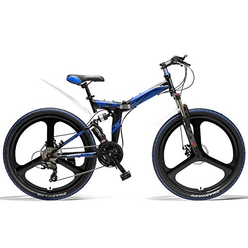 Zusammenklappbare Mountainbike : LANKELEISI K660 26-Zoll-Faltrad, 21-Gang-Mountainbike, vordere und hintere Scheibenbremse, integriertes Rad, Vollfederung (Black Blue)