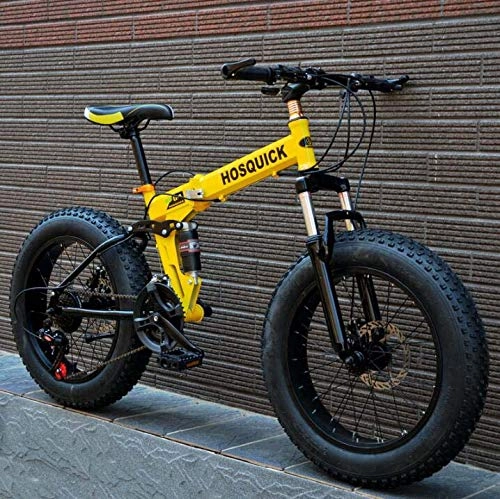 Zusammenklappbare Mountainbike : LJLYL Fat Tire Mountainbike für Erwachsene Männer Frauen, Faltbarer Rahmen aus Kohlenstoffstahl Vollgefedertes MTB-Fahrrad, Doppelscheibenbremse, Gelb, 24 inch 21 Speed