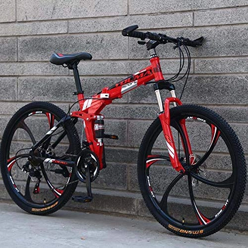 Zusammenklappbare Mountainbike : LJLYL Mountainbike für Frauen und Männer, Rahmen aus kohlenstoffhaltigem Stahl, 26-Zoll-Räder, doppelt gefedertes Klapprad, Stahlscheibenbremse, Rot, 24 Speed