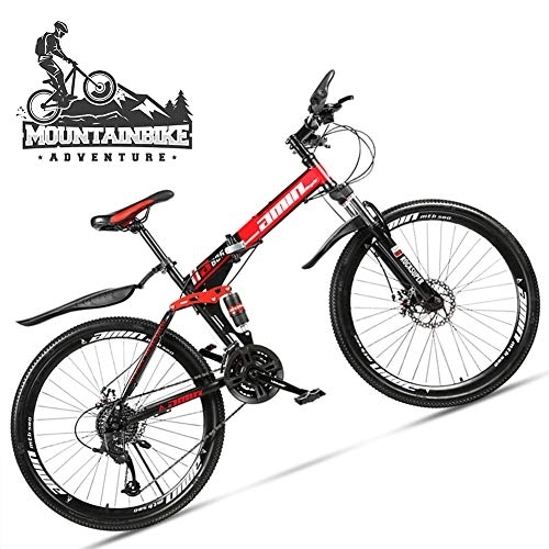 Zusammenklappbare Mountainbike : NENGGE 24 Zoll MTB für Erwachsenen Herren und Damen, Faltbare Mountainbike mit Vollfederung & Scheibenbremsen, Rahmen Kohlenstoffstahl Fahrräder mit Vorder Hinterschutzblech, Spoke red, 30 Speed