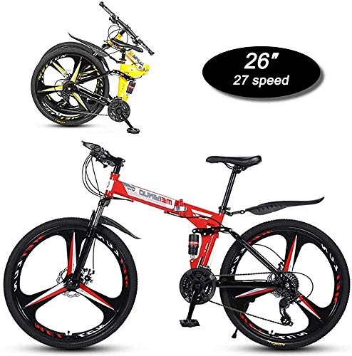 Zusammenklappbare Mountainbike : NENGGE Faltbare Mountain Bike 26 Zoll 3-Messer-Reifen 27 Geschwindigkeit Mechanische Doppelscheibenbremse Doppel Stoßdämpfer Erwachsener Außengeländefahrrad (Color : C-red)