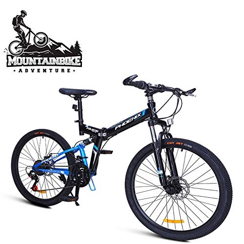 Zusammenklappbare Mountainbike : NENGGE Faltbare Mountainbike 24 Gang-Schaltung für Herren / Damen, Erwachsenen Vollfederung MTB, Fahrräder mit Scheibenbremsen, Rahmen aus Kohlenstoffstahl, Black Blue, 24 Inch