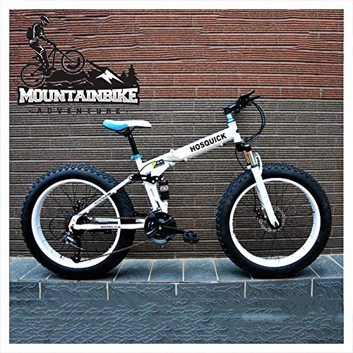 Zusammenklappbare Mountainbike : NENGGE Faltbare MTB 24 Zoll für Herren Damen, Erwachsenen Vollfederung Mountainbike mit Scheibenbremsen, Fette Reifen Fahrräder, Rahmen aus Kohlenstoffstahl, Weiß, 24 Speed