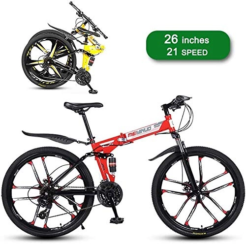 Zusammenklappbare Mountainbike : NENGGE Folding Mountainbike, 26 Zoll / 10 Schneidrad / 21 Geschwindigkeit Mechanische Doppelscheibenbremse und Dual Shock Absorber Adult Außen Off-Road Bike (Color : C-red)