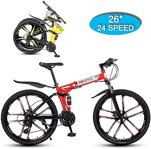 Zusammenklappbare Mountainbike : NENGGE Folding Mountainbike, 26 Zoll / 10 Schneidrad / 24 Geschwindigkeit Mechanische Doppelscheibenbremse und Dual Shock Absorber Adult Außen Off-Road Bike (Color : C-red)