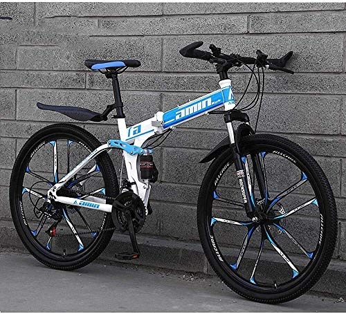 Zusammenklappbare Mountainbike : NENGGE Kleiner tragbarer Fahrrad, Kohlenstoffstahl Falten Langlauf- Fahrrad, 27-Gang-Getriebe Doppelscheibenbremse Fahrrad, vollgefederte Mountainbike (Color : Blue, Size : 26'' 6 Spoke Wheel)