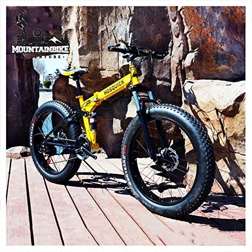 Zusammenklappbare Mountainbike : NENGGE Vollfederung MTB 26 Zoll für Herren Damen, Erwachsenen Faltbare Mountainbike mit Scheibenbremsen, Rahmen aus Kohlenstoffstahl Fette Reifen Fahrräder, Gelb, 27 Speed