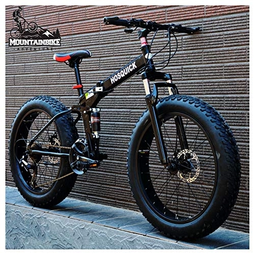 Zusammenklappbare Mountainbike : NENGGE Vollfederung MTB 26 Zoll für Herren Damen, Erwachsenen Faltbare Mountainbike mit Scheibenbremsen, Rahmen aus Kohlenstoffstahl Fette Reifen Fahrräder, Schwarz, 21 Speed