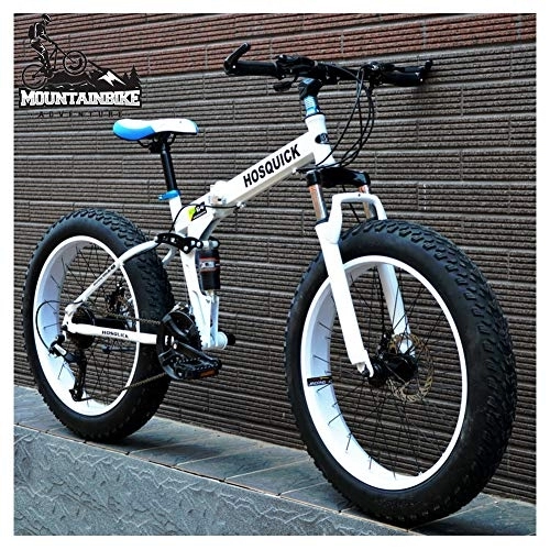 Zusammenklappbare Mountainbike : NENGGE Vollfederung MTB 26 Zoll für Herren Damen, Erwachsenen Faltbare Mountainbike mit Scheibenbremsen, Rahmen aus Kohlenstoffstahl Fette Reifen Fahrräder, Weiß, 30 Speed