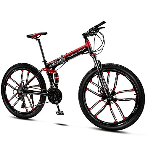 Zusammenklappbare Mountainbike : QMMD Faltbare MTB, 24 Zoll Vollfederung Mountain Bike, 4 Farben MTB Fahrrad für Herren und Damen, 21-24-27-30-Gang Mountainbike, Rahmen aus Kohlenstoffstahl Fahrräder, Red 10 Spoke, 30 Speed