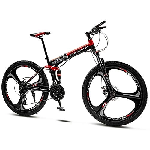 Zusammenklappbare Mountainbike : QMMD Faltbare MTB, 24 Zoll Vollfederung Mountain Bike, 4 Farben MTB Fahrrad für Herren und Damen, 21-24-27-30-Gang Mountainbike, Rahmen aus Kohlenstoffstahl Fahrräder, Red 3 Spoke, 30 Speed