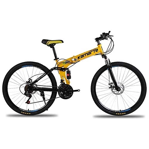 Zusammenklappbare Mountainbike : WEHOLY Fahrrad-Unisex-Mountainbike, 24-Gang-Faltrad mit Doppelfederung, 26-Zoll-Speichenrad und Doppelscheibenbremse, gelb, 24-Gang