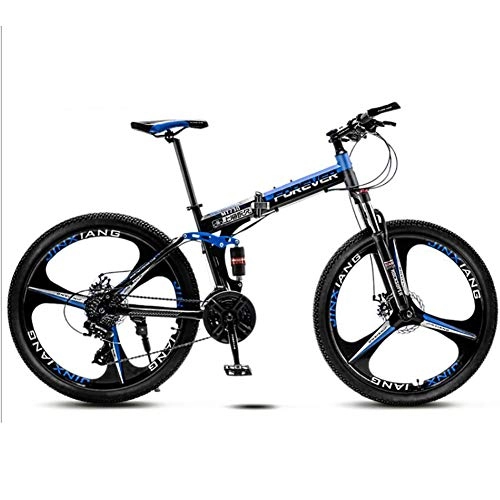 Zusammenklappbare Mountainbike : WXX 26 Zoll Folding Mountain Bike Adjustable Seat Double Disc Fahrrad vorne und hinten Doppelstoßdämpfung Erwachsener Off-Road-Fahrrad, Black Blue, 24 Speed