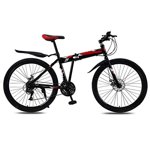 Zusammenklappbare Mountainbike : YLJYJ 21-Gang-Mountainbike, klappbare Fahrräder mit hohem Kohlenstoffstahlrahmen ，Scheibenbremsen, Herrenrad mit Wasserflaschenhalter (Farbe: Rot, Größe: 24 Zoll)