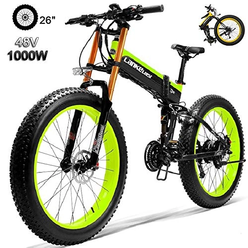 Zusammenklappbares elektrisches Mountainbike : 1000W Elektrisches Fahrrad 14.5AH / 48V-Lithium-Batterie 27 Geschwindigkeiten Fat Tire Elektro-Fahrrad Folding E-Bike Herren 26x4.0 Zoll Sport Mountain E-Bike für Erwachsene Green
